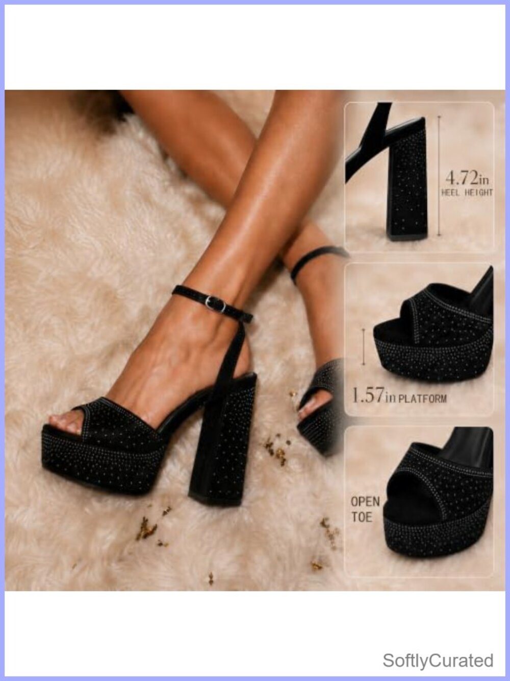Sparkly Platform Heels Rhinestone Open Toe Block Heels - Picture 4 of 6
